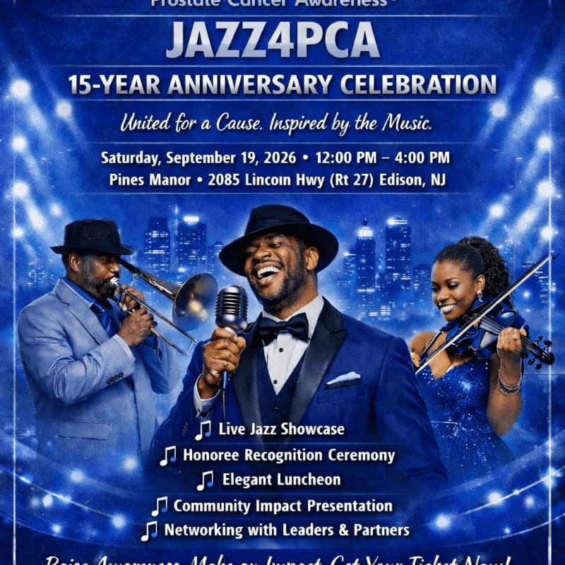 A jazz trio performs on a stage with spotlights and a city skyline in the background, advertising a 15-year anniversary celebration for JAZZ4PCA.