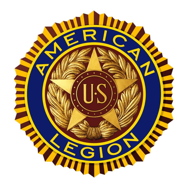 A golden star with "US" inside is surrounded by laurel leaves and the words "AMERICAN LEGION" in a blue circle, all set against a jagged yellow and brown border.