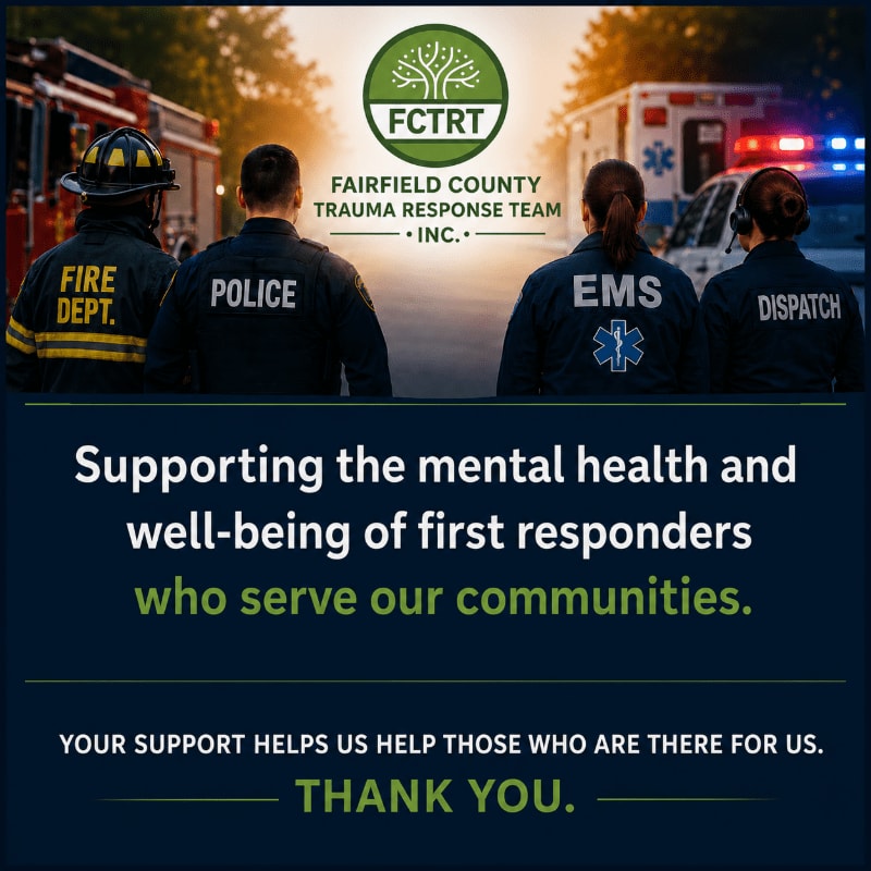 Four first responders, a firefighter, police officer, EMT, and dispatcher, stand with emergency vehicles in the background, beneath a logo and text promoting support for their mental health.