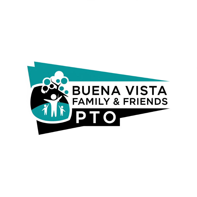 A stylized logo with a silhouette of a family under a tree in the foreground, set against a white background with the text "BUENA VISTA FAMILY & FRIENDS PTO" in the background.