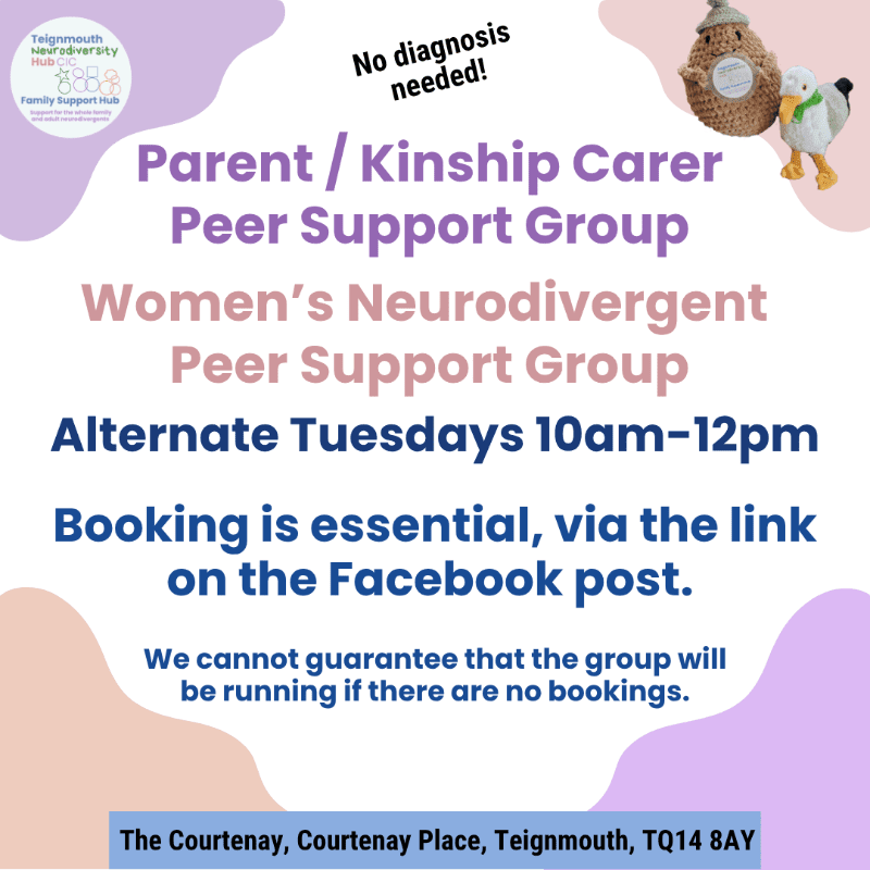 A flyer announces a parent/kinship carer and women's neurodivergent peer support group meeting on alternate Tuesdays, with a knitted bee and duck in the top right corner and a pastel background.