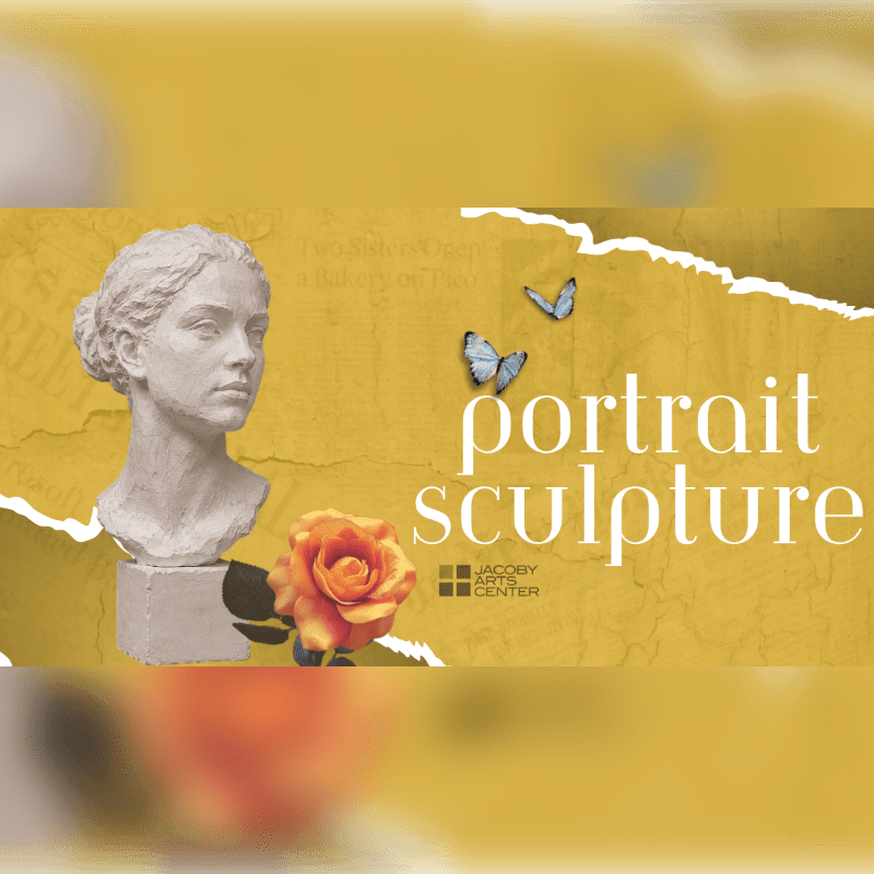 A white bust of a woman is in the foreground, with a vibrant orange rose and two blue butterflies, set against a textured yellow background with torn paper elements and the words "portrait sculpture."