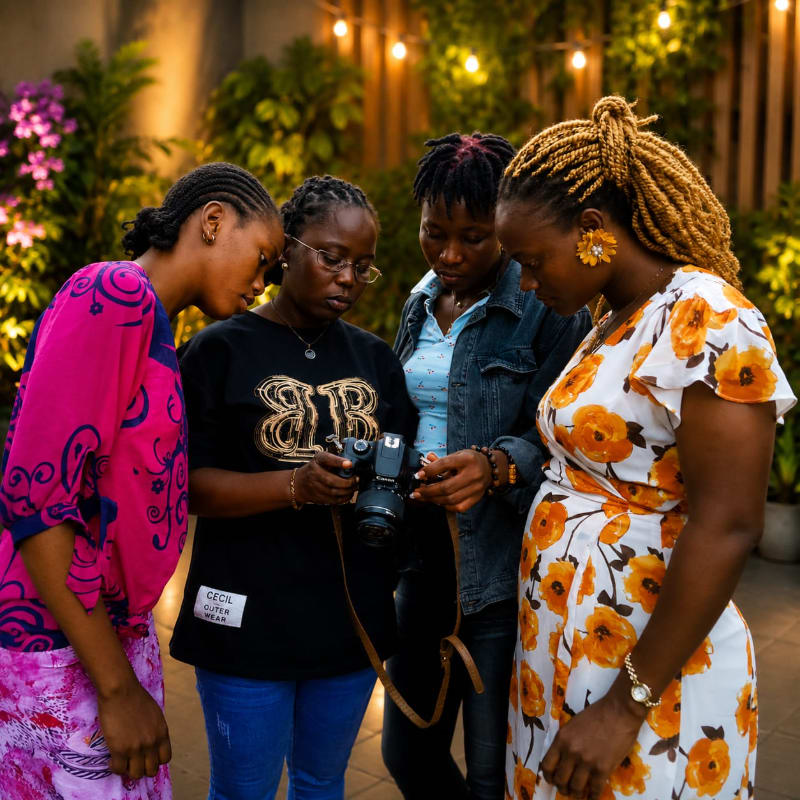 Four young women gather around a camera in the foreground, with a softly lit garden and string lights forming the background.