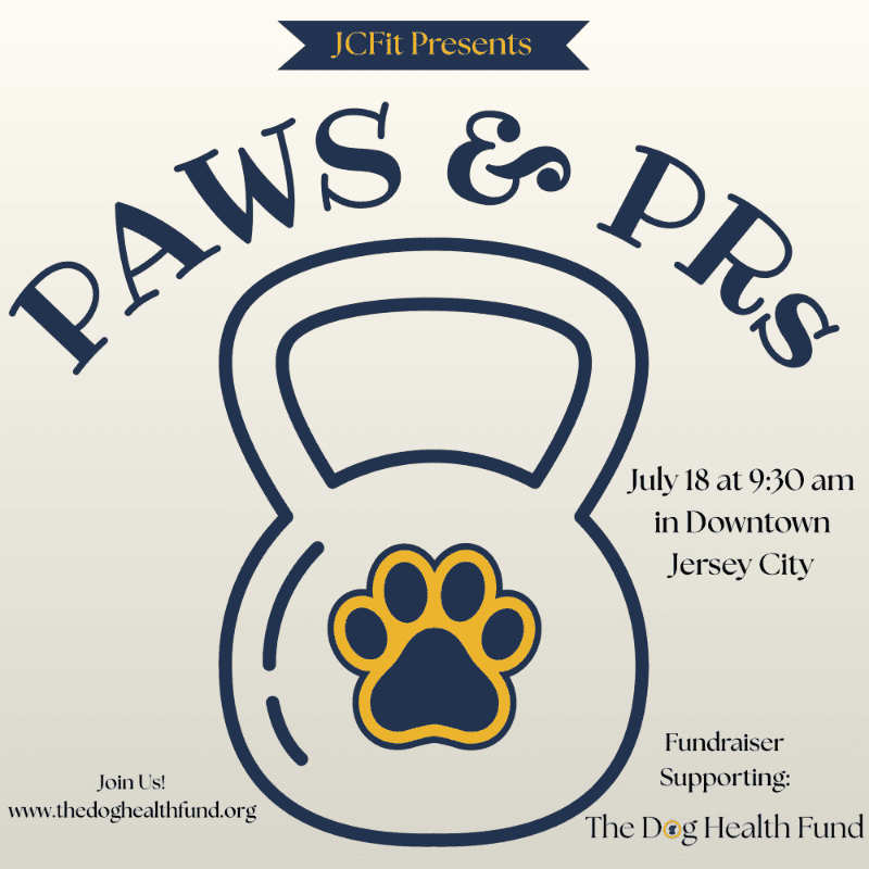 A kettlebell with a paw print in the center is the main focus, set against a light brown background with event details on the right and website information on the bottom left.