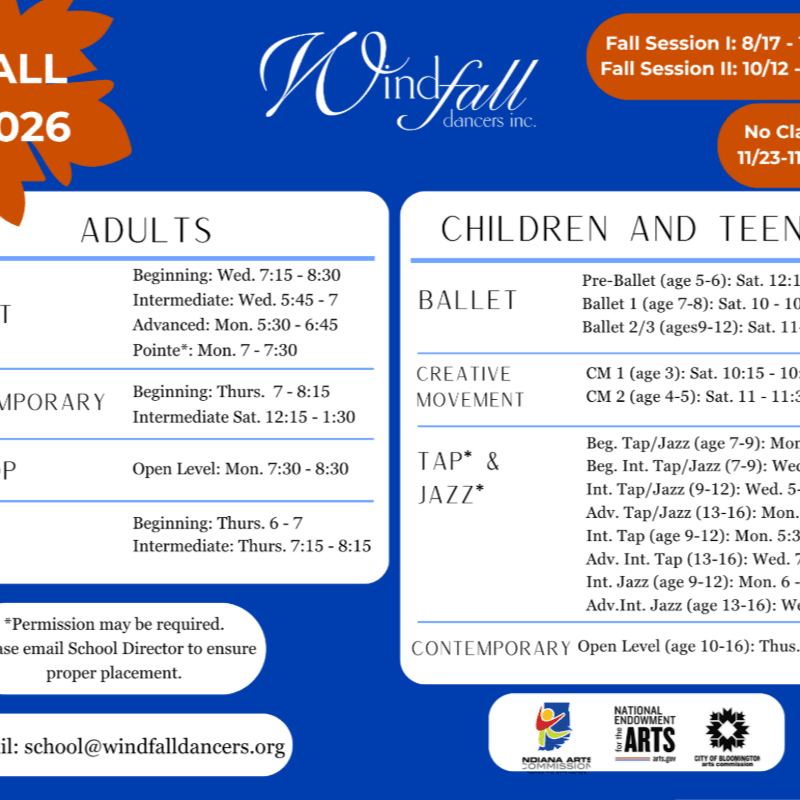 A flyer for Windfall Dancers Inc. lists adult and children's dance class schedules against a dark blue background with orange leaf accents.