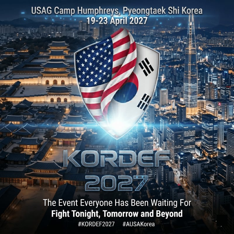 A shield with the US and South Korean flags superimposed over a split background of traditional Korean palaces and a modern cityscape, advertises KORDEF 2027.