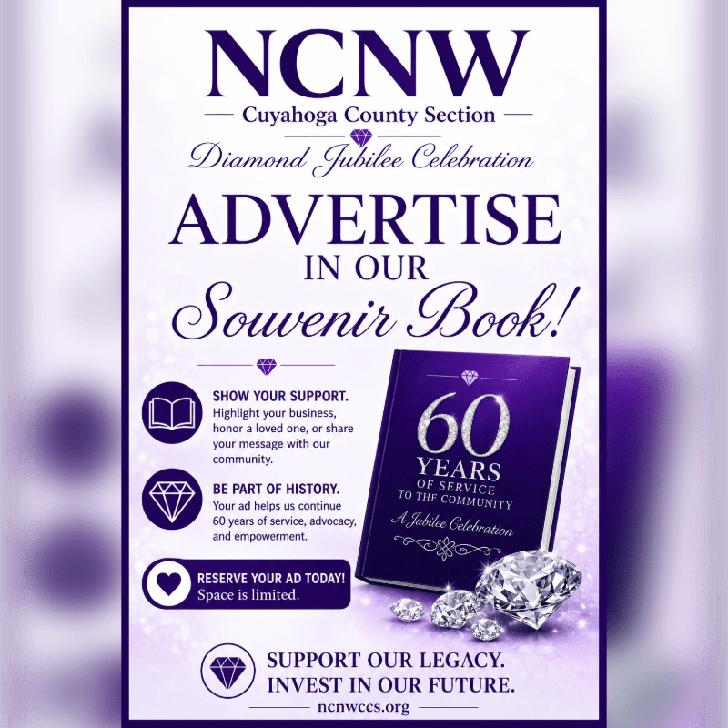 A purple and white flyer advertises a Diamond Jubilee Celebration souvenir book with a stack of diamonds in the foreground and text detailing how to advertise.