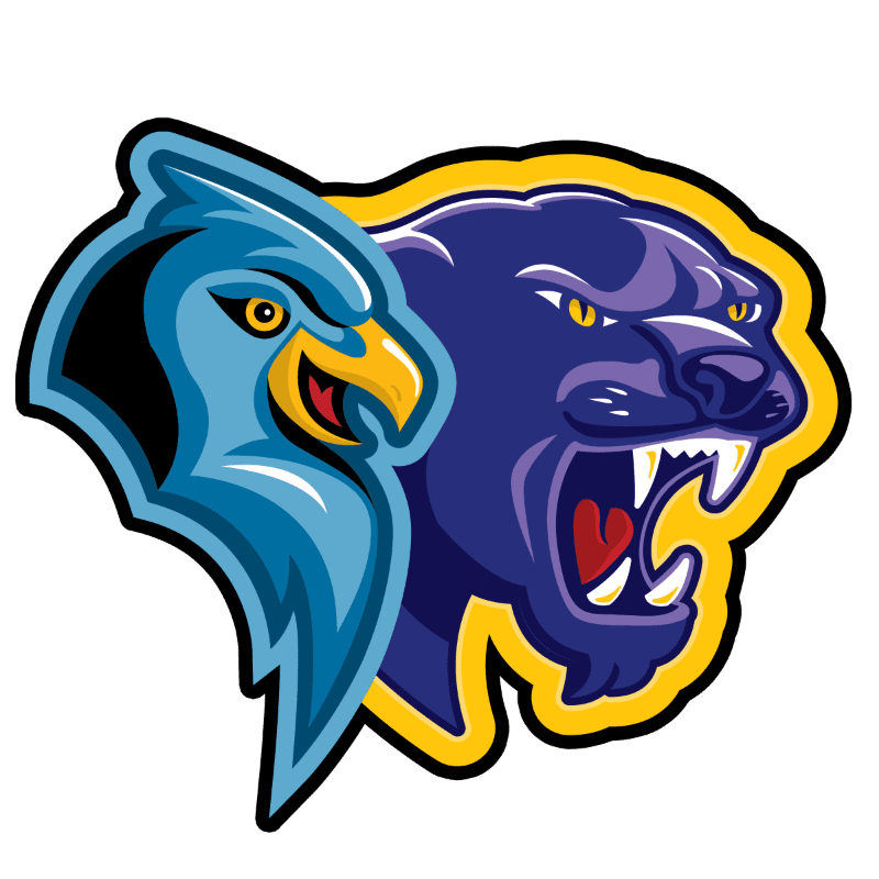 A blue griffin's head is in the foreground, with a snarling purple panther's head behind it, both outlined in yellow against a white background.