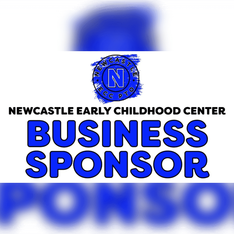 A blue and white graphic displays "NEWCASTLE EARLY CHILDHOOD CENTER BUSINESS SPONSOR" in large blue letters against a blurred blue background, with a circular logo above.