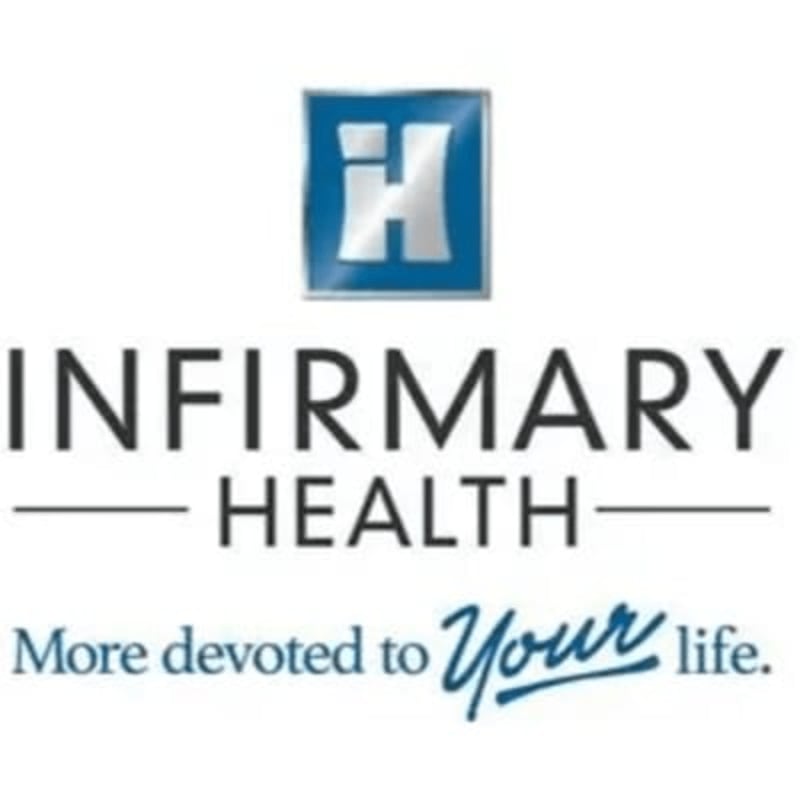 A blue and white logo for "INFIRMARY HEALTH" with the tagline "More devoted to Your life." is displayed against a plain white background.