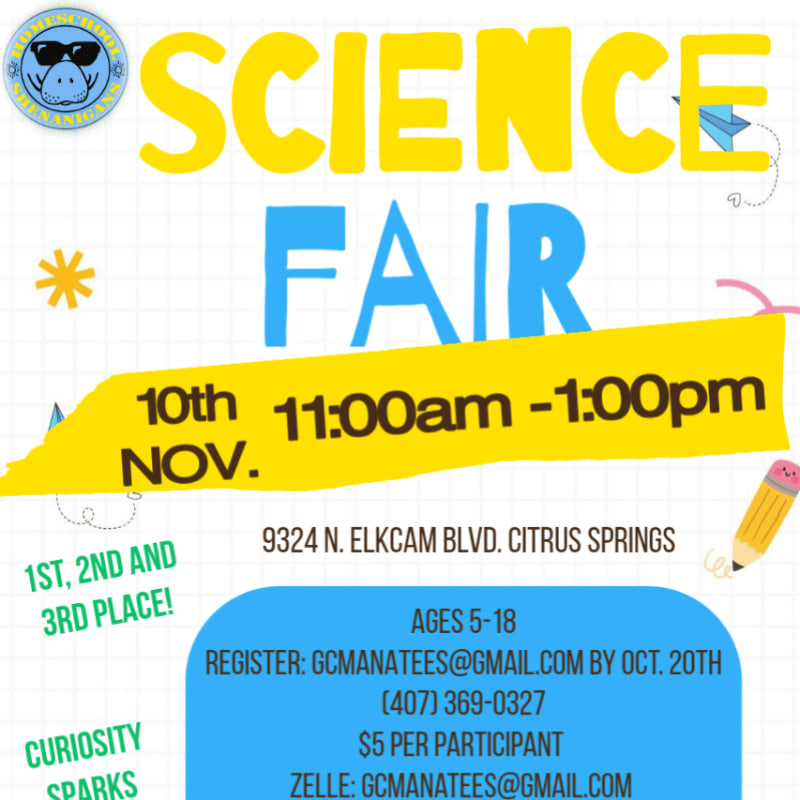 A bright yellow and blue flyer advertises a science fair with event details in the foreground and a playful, white background with scattered graphics.