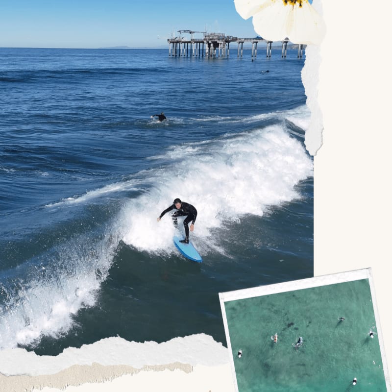 A surfer rides a wave in the foreground with a pier in the background, while an aerial view of surfers is inset in the lower right corner.