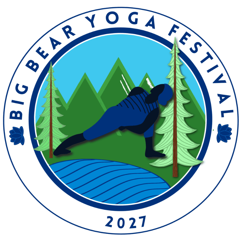 A person in a blue yoga pose is centered in a circular logo with a lake in the foreground and mountains and pine trees in the background, all within a border that reads "BIG BEAR YOGA FESTIVAL 2027".