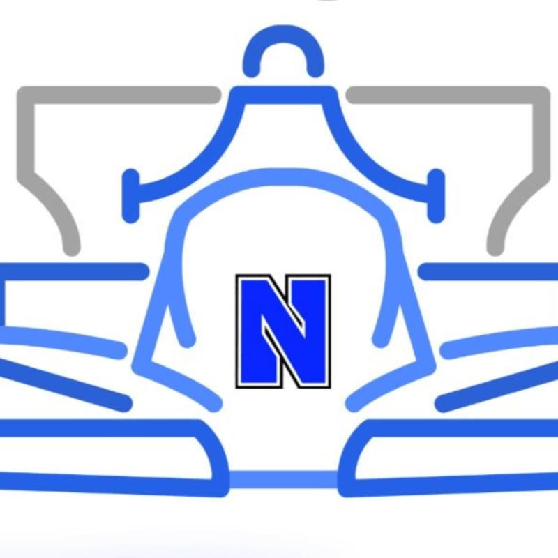 A stylized blue and white outline of a sneaker with a blue "N" logo on the heel is set against a plain white background.