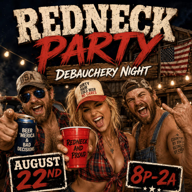 Three ecstatic people in red plaid and overalls, holding beer and red cups, celebrate a "Redneck Party" in front of a rustic wooden building with string lights.