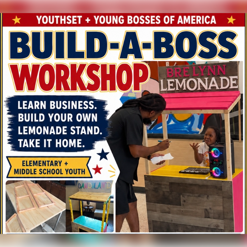 A man helps a young girl at a colorful lemonade stand in the background, while unfinished wooden stands are displayed in the foreground.
