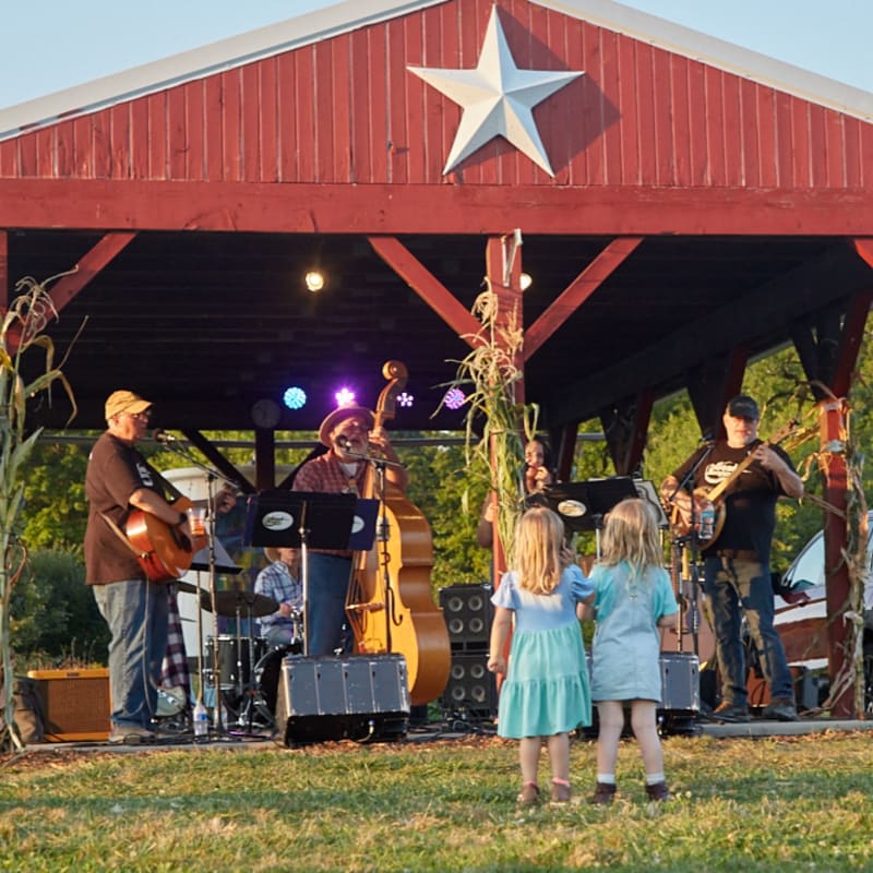Two young girls stand in a grassy foreground watching a band perform on a rustic red stage decorated with a white star, with trees visible in the background.
