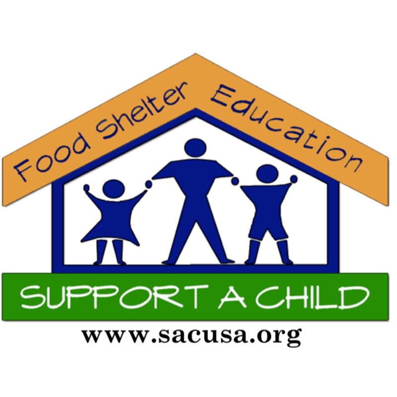 A stylized house with a blue roof and orange trim encloses a blue silhouette of an adult holding the hands of two children, with "Food Shelter Education" curved above them, while a green banner below reads "SUPPORT A CHILD" and a website address is at the bottom.