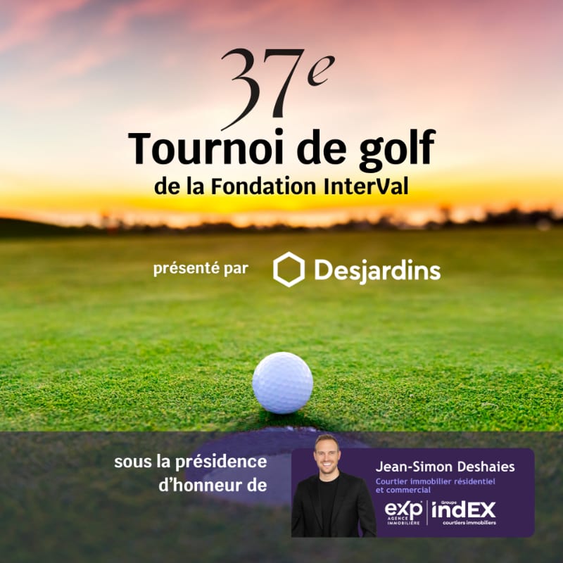 A golf ball sits on a green fairway in the foreground, with a sunset sky and text announcing the 37th InterVal Foundation Golf Tournament presented by Desjardins in the background.