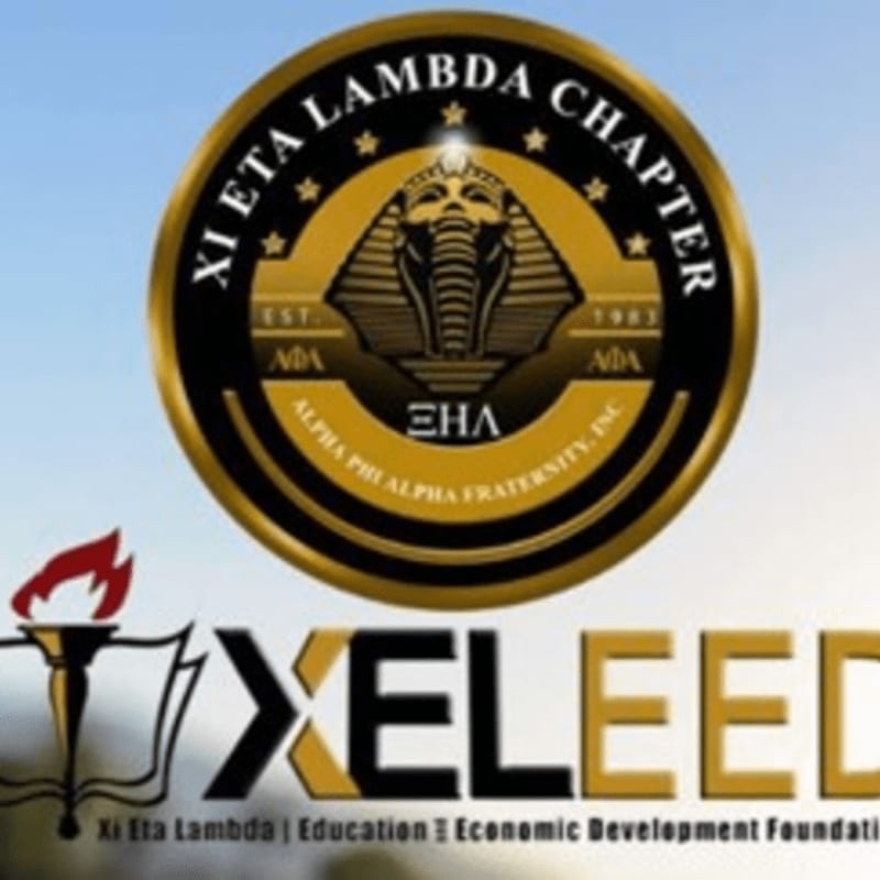 A circular emblem with an Egyptian pharaoh and pyramid is centered above the words "XELEED" and "Xi Eta Lambda | Education | Economic Development Foundation" against a blurred sky background.