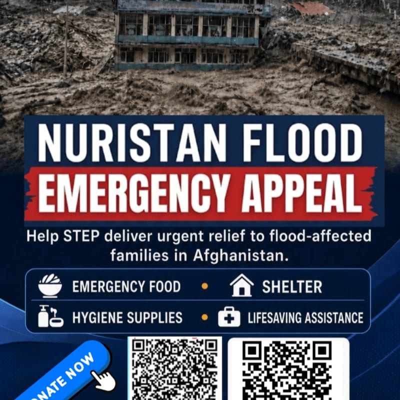 A building stands partially submerged in muddy floodwaters in the background, while the foreground displays an emergency appeal for flood relief in Nuristan, Afghanistan, with donation information.