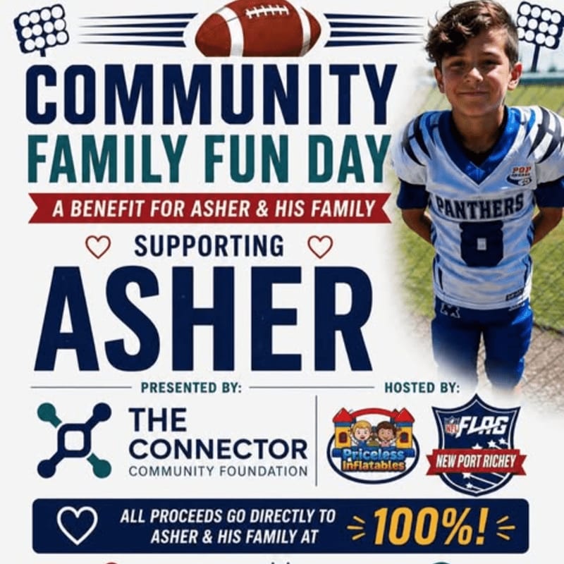A young boy in a Panthers football uniform stands to the right of a poster advertising a "Community Family Fun Day" benefiting Asher and his family, with a football and stadium lights at the top.