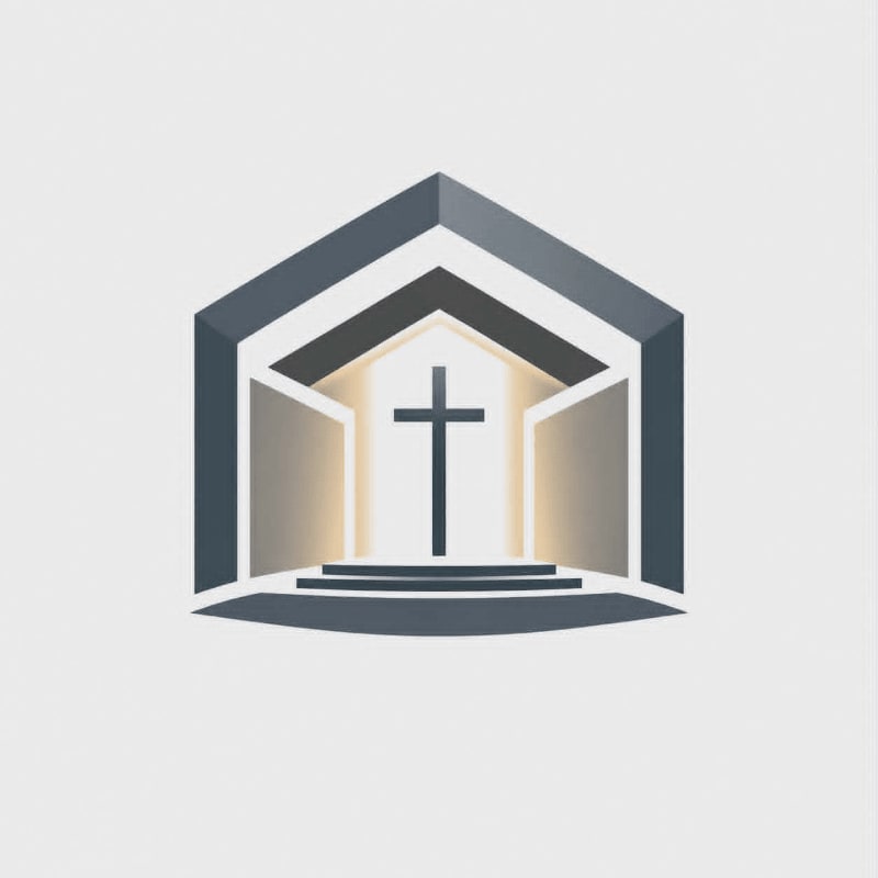 A stylized cross stands on a raised platform within an open, angular structure, with a bright light emanating from behind it against a pale background.