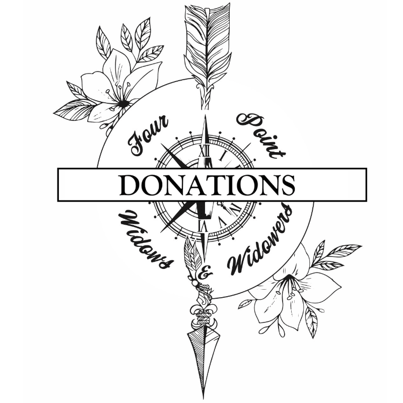 A compass rose with the word "DONATIONS" across it is surrounded by floral elements and a feather in the foreground, with the words "Four Point Widows & Widowers" forming a circular background.