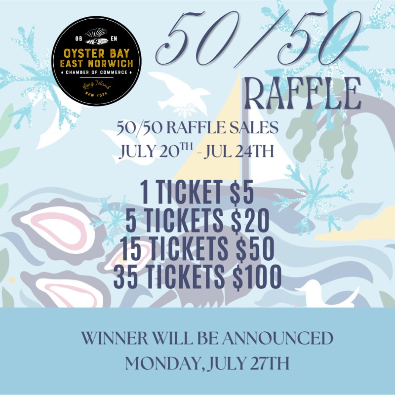 A 50/50 raffle poster with ticket prices and dates in the foreground is set against a light blue background with stylized illustrations of oysters, birds, and foliage.