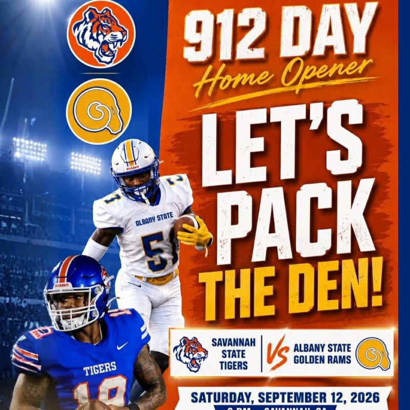 Two football players in uniform are featured in the foreground against a background of stadium lights and promotional text for a game.