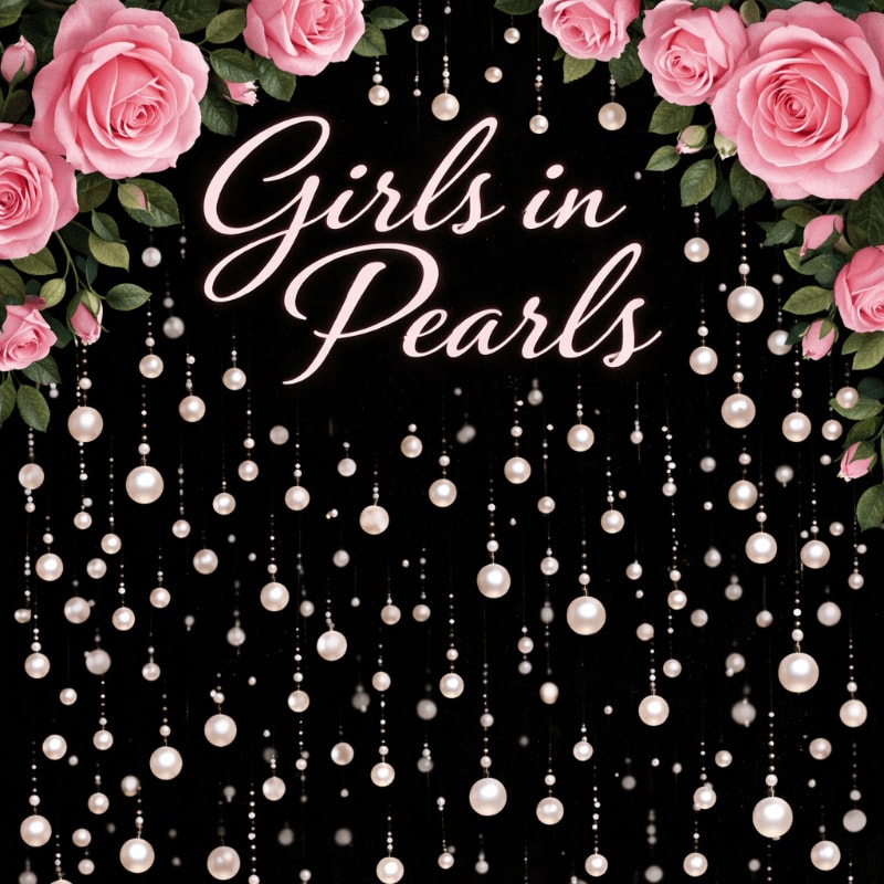 Pink roses frame a black background adorned with hanging pearls and the text "Girls in Pearls."