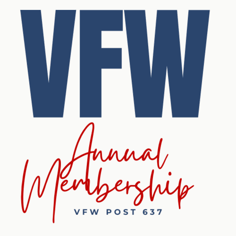 Large blue letters spelling "VFW" are in the foreground, with red cursive text reading "Annual Membership" and "VFW POST 637" below them, all against a plain white background.