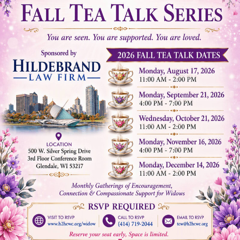 A flyer for a "Fall Tea Talk Series" features a cityscape and floral border in the background, with a list of dates and RSVP information in the foreground.