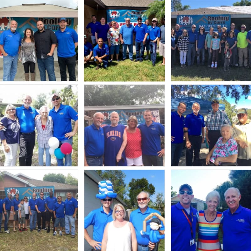 A group of people in blue shirts stand in front of a building with a "Roofing" sign, while others are pictured in smaller groups outdoors.