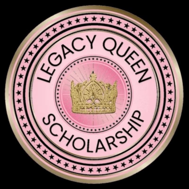 A golden crown is centered on a pink background with the words "LEGACY QUEEN SCHOLARSHIP" encircling it, all within a black background.