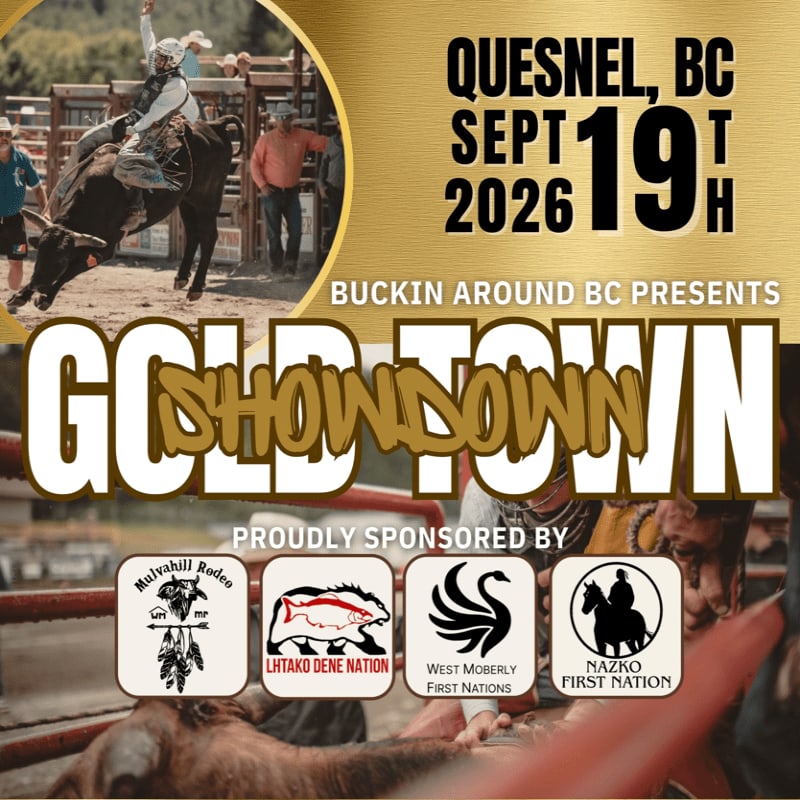 A bull rider is in action in the foreground, with event details and sponsor logos in the background.