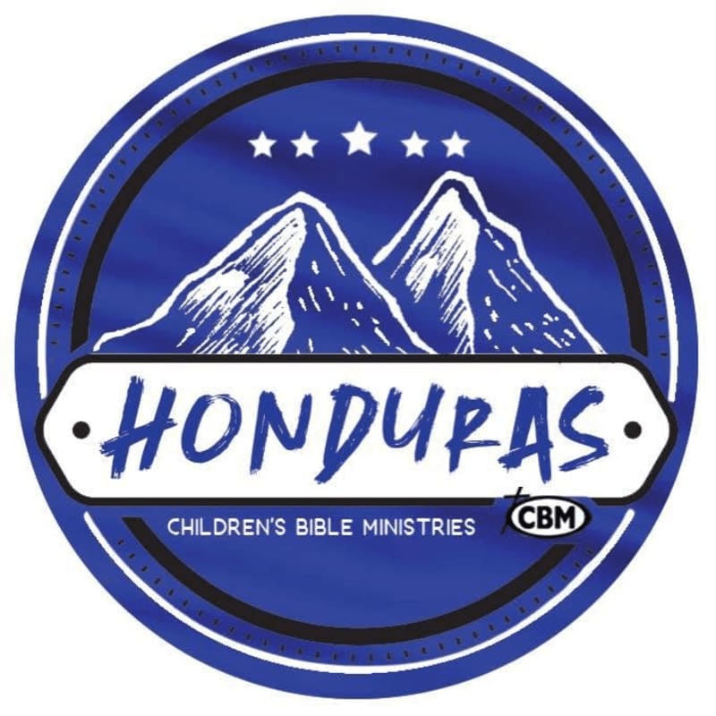 A circular logo features a stylized mountain range with four stars above it in the background, and the word "HONDURAS" in bold white lettering on a banner in the foreground, with "CHILDREN'S BIBLE MINISTRIES" and "CBM" below.