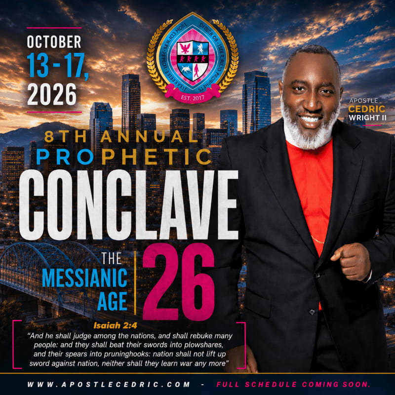 A smiling man in a suit stands in the foreground against a backdrop of city buildings and event details for the 8th Annual Prophetic Conclave.