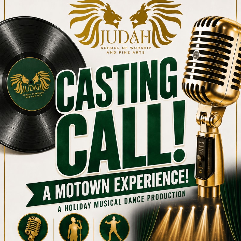 A vintage gold microphone and a vinyl record are in the foreground, with the "Judah School of Worship and Fine Arts" logo and "Casting Call! A Motown Experience!" text in the background.