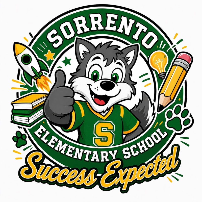 A cartoon wolf mascot in a green and yellow jersey gives a thumbs up, surrounded by school-related icons like books, a rocket, a pencil, and a lightbulb, all within a circular logo for "Sorrento Elementary School" with the slogan "Success Expected."