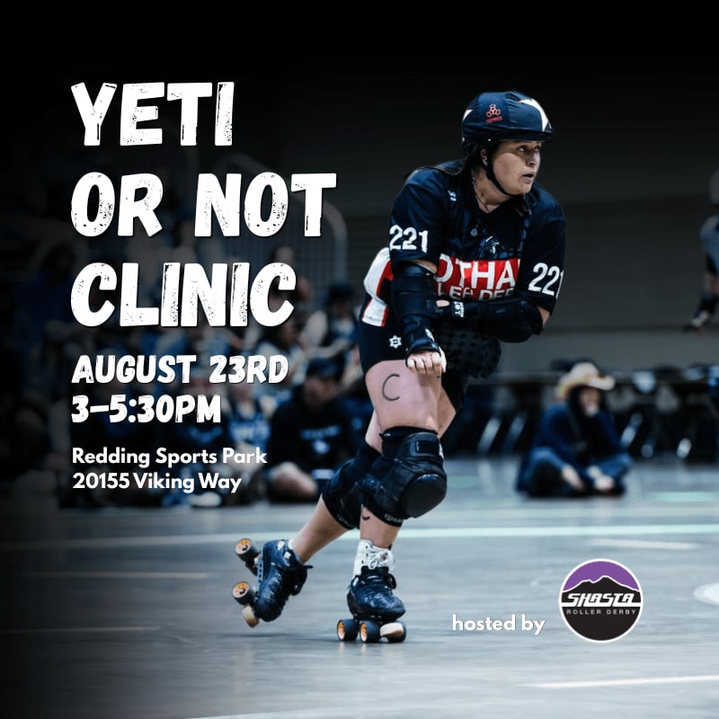 A roller derby player in the foreground is practicing at a clinic in Redding Sports Park, with spectators blurred in the background.