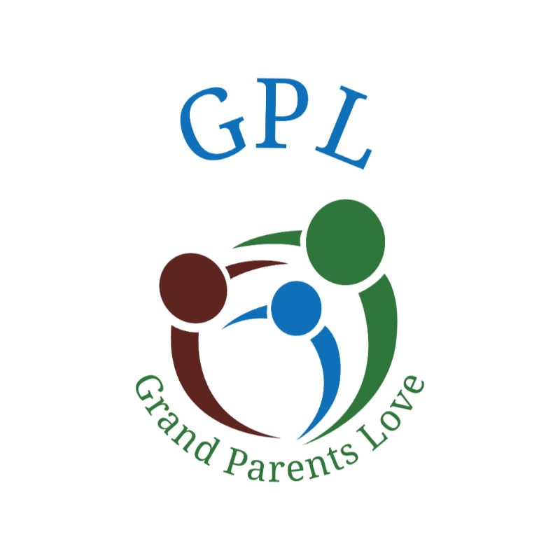 A white background frames a logo with "GPL" in blue at the top, and below it, three colored circles representing people forming a circular shape with the words "Grand Parents Love" in green text curving around the bottom.