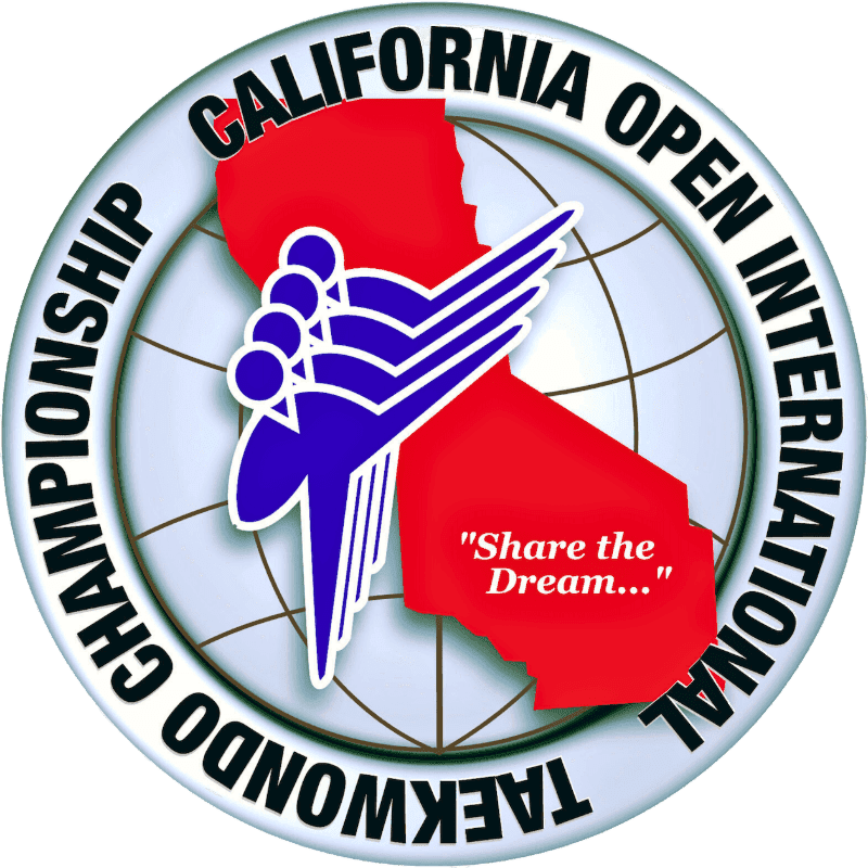 A red silhouette of California is overlaid with a blue martial arts graphic and text that reads "CALIFORNIA OPEN INTERNATIONAL TAEKWONDO CHAMPIONSHIP" and "Share the Dream..." on a white background with a faint globe pattern.