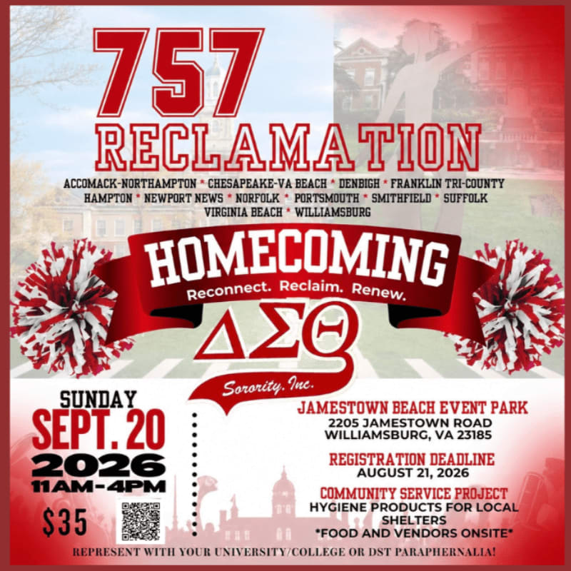 Red and white pom-poms frame the foreground text announcing a "757 Reclamation Homecoming" event, while the background features a faded image of a historic building.
