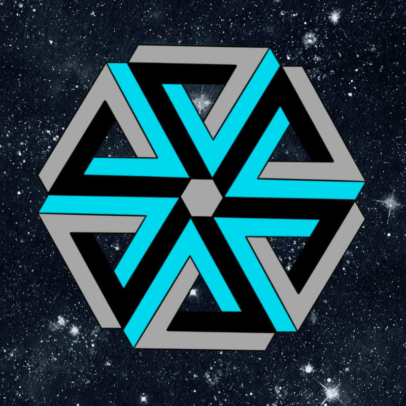 A geometric optical illusion of interlocking triangles in blue, black, and gray is set against a starry night sky.