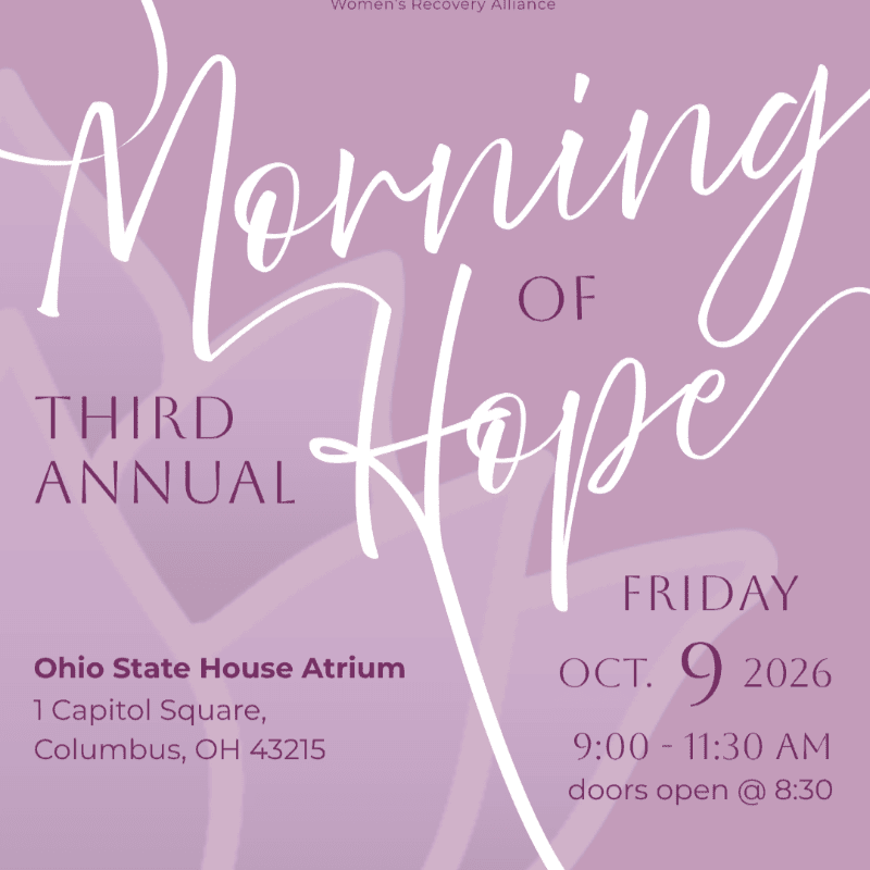 A soft purple background with abstract floral designs frames the text "Morning of Hope" in elegant white script, announcing the Third Annual event on Friday, October 9, 2026, at the Ohio State House Atrium in Columbus.