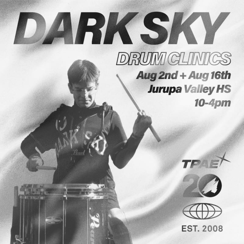 A young man plays a drum in the foreground, with event details for "Dark Sky Drum Clinics" and logos in the background.