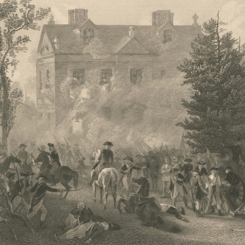 Soldiers and a manor house in a historical scene.