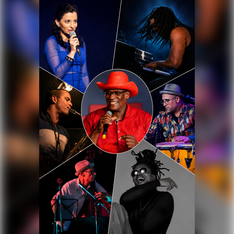 A collage of musicians performing, with a central portrait of a man in a red hat and shirt, surrounded by images of a woman singing, a pianist, a saxophonist, a percussionist, and two other musicians.