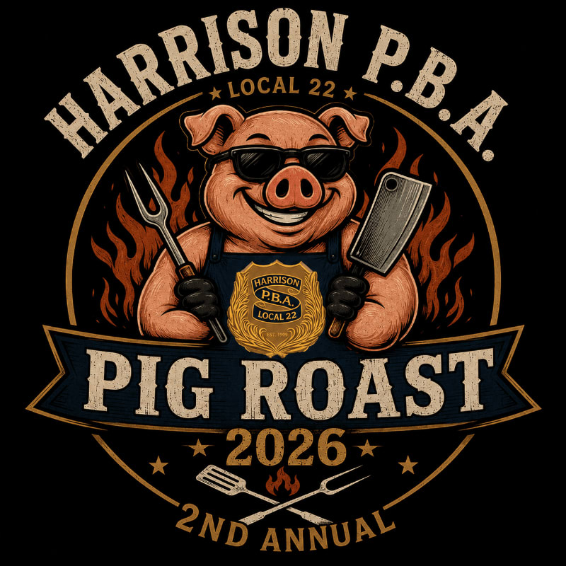 A smiling pig wearing sunglasses and an apron holds barbecue tools in the foreground, with flames and the text "HARRISON P.B.A. PIG ROAST 2026 2ND ANNUAL" in the background.